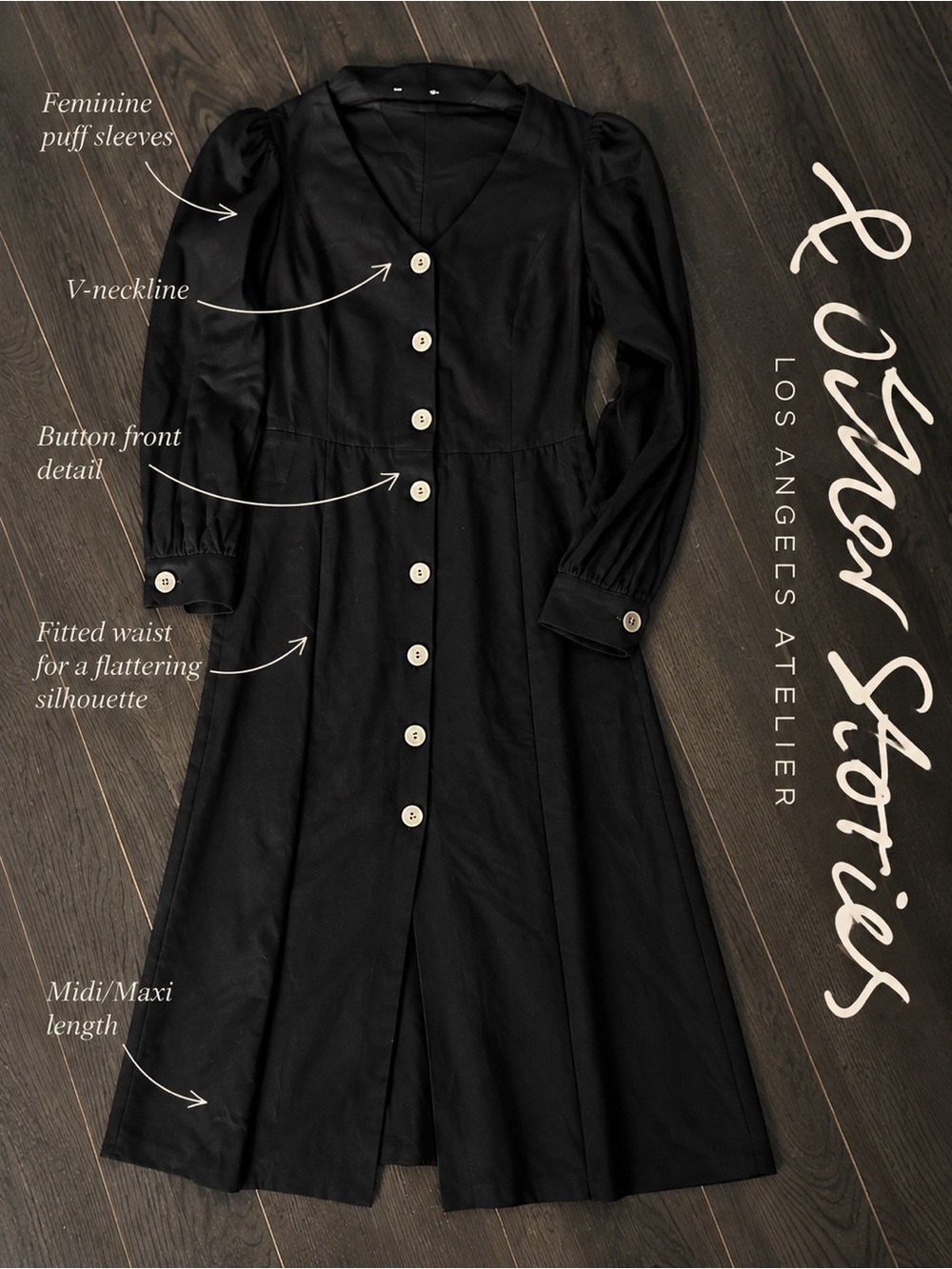 & Other Stories Black Long-Sleeve Button Midi Dress